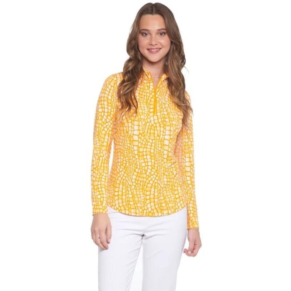 IBKUL Carie Print Orange UPF50+ Mock Neck Golf Top Shirt Large